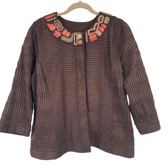 Chicos Womens Brown Textured Jacket heavy tribal Beaded  Size XL cotton lined - Picture 1 of 9